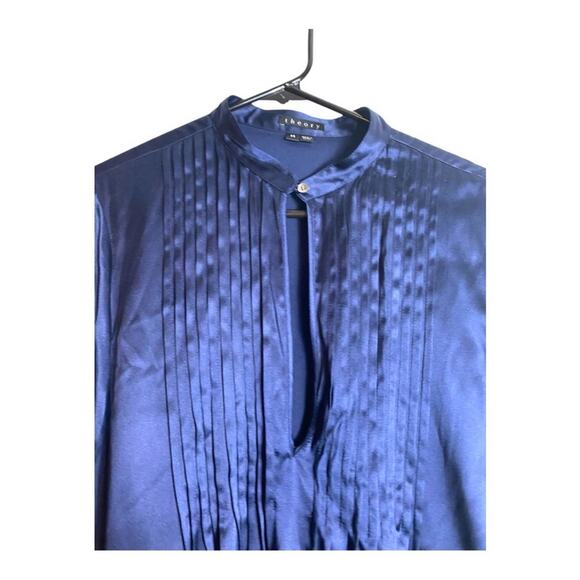 THEORY TOP M SILK BLEND BLUE BLOUSE LONG SLEEVE SHIRT PLEATED KEYHOLE PINTUCK - Picture 5 of 7
